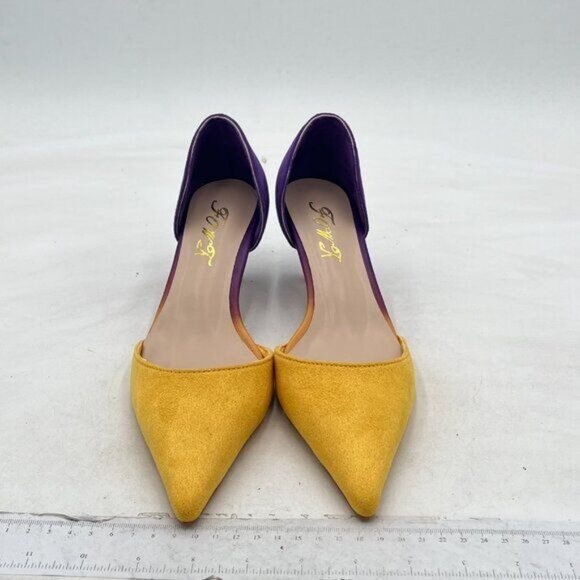 FOWT Yellow And Purple Pointed Toe Kitten Heel Pumps Slip On Two Toned D'Orsay - Picture 2 of 7